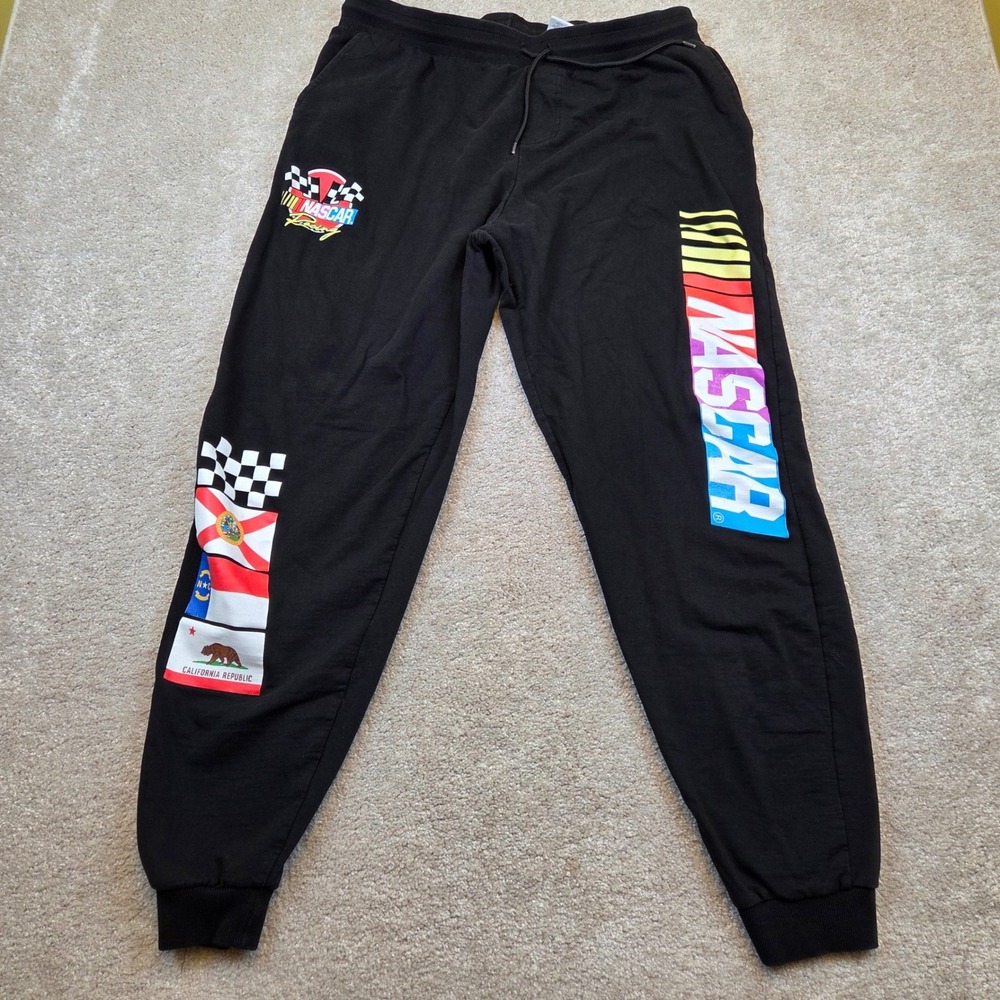 NASCAR Racing Jogger Sweatpants Black Graphic Print Flags Men XL
